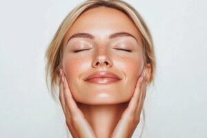 donna che sorride e si tocca il viso con le mani
