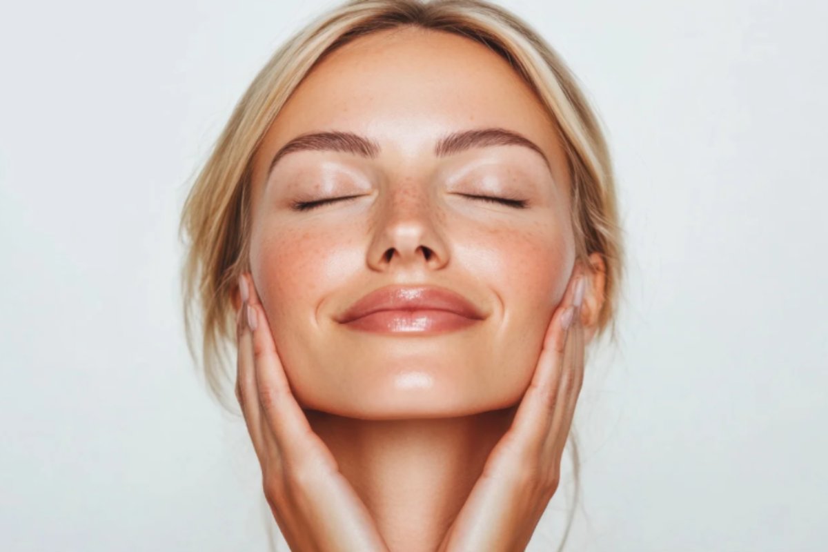 donna che sorride e si tocca il viso con le mani