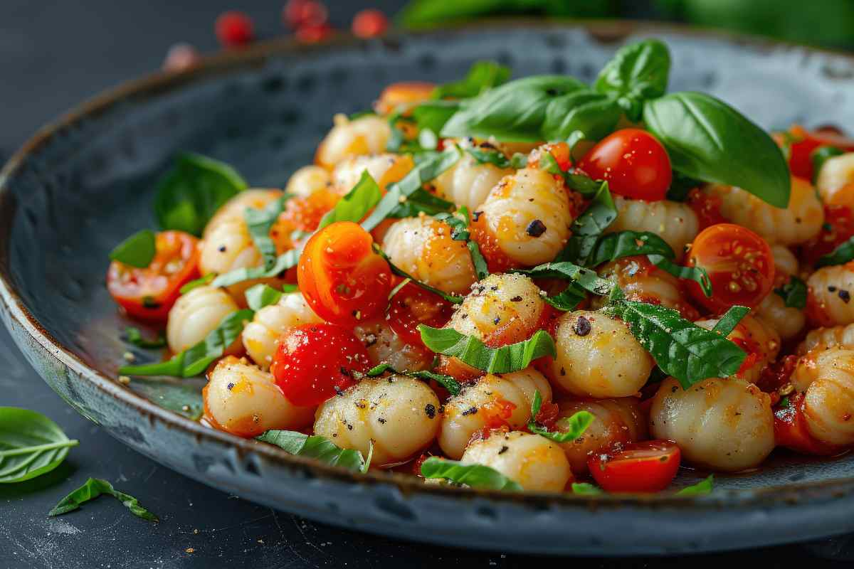 piatto di gnocchi con pomodorini e basilico in primo piano