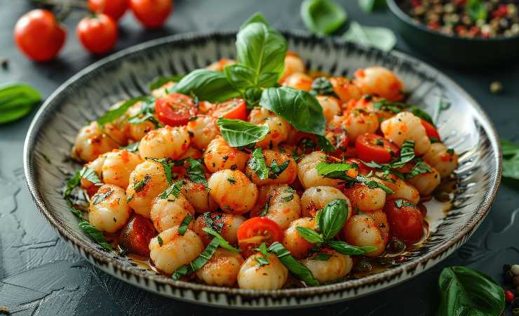 piatto di gnocchi con pomodorini e basilico